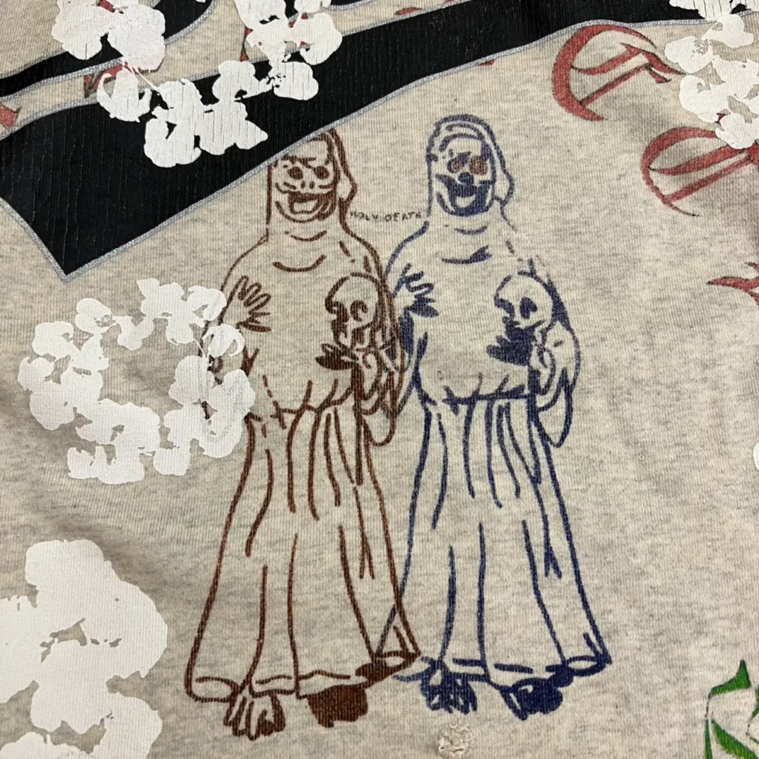 DENIM TEARS × ©SAINT M×××××× "SAINT TEARS" Graffiti Hoodie 22ss co-branded cotton graffiti hoodie, full printed washed distressed hole Vintage sweatshirt, gray S-XL, super heavy duty! The whole piece is printed with 35 screens and counterpoint printing!